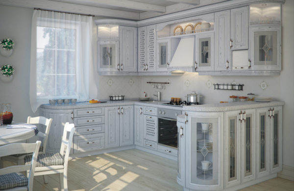 Кухня угловая классика, цвет - ясень белый патина серебро — Вариант № 13