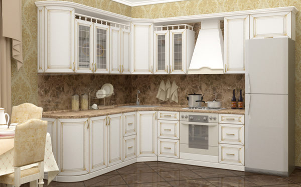 Кухня угловая, цвет - белый, патина золото — Вариант № 19