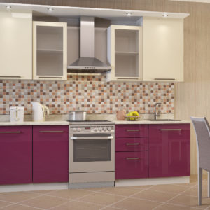 Кухня прямая, фасад пластик, цвет, бордо и белый глянец — Вариат № 14