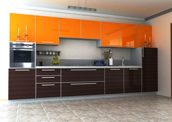 Кухня прямая, фасад пластик, цвет, венге и апельсин — Вариант № 3