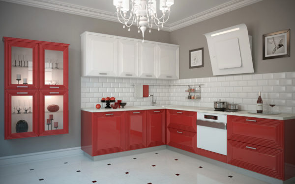 Кухня эмаль, цвет, белый с красным - Вариант № 14