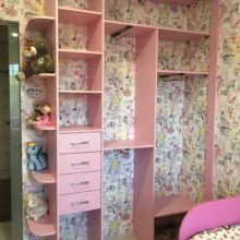 Шкаф-купе встроенный в детскую комнату из лдсп розового